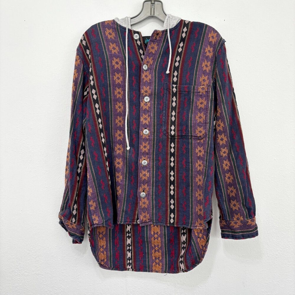 Impluse Mens Vintage Aztec Southwestern Button Up Hoodie Medium Boho Earthy